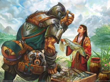 Fantasy HD desktop wallpaper depicting a giant armored warrior receiving a large fish from a woman in traditional attire by a serene riverside.