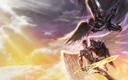 Fantasy HD PC desktop wallpaper featuring a fierce angel warrior with glowing sword and wings, soaring amid dramatic clouds and golden light.