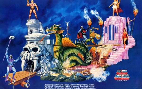 4K Ultra HD He-Man and the Masters of the Universe PC wallpaper: He-Man, Skeletor, Castle Grayskull, a dragon and heroes on a vivid fantasy battleground.