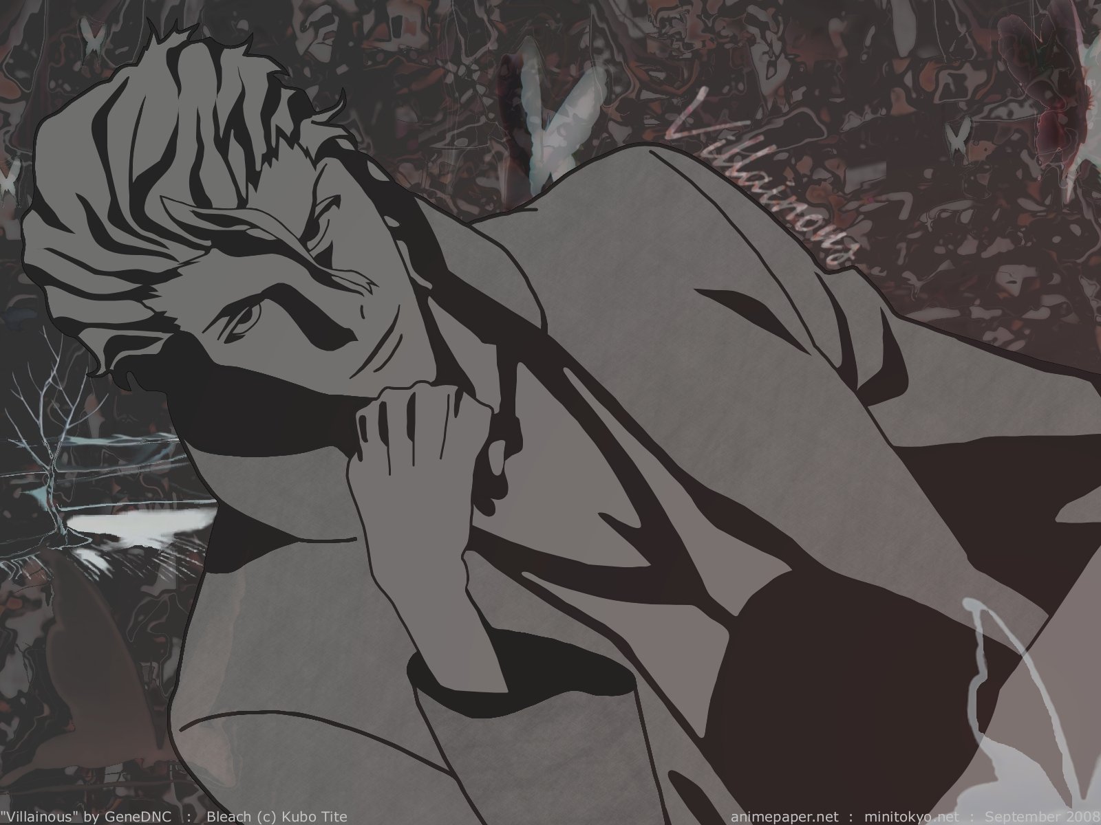 HD anime desktop wallpaper featuring Sōsuke Aizen from Bleach in a relaxed, confident pose with dark, moody tones.