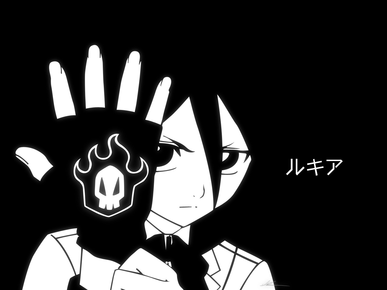 HD anime desktop wallpaper featuring Rukia Kuchiki from Bleach with her gloved hand raised, displaying a fiery skull symbol against a black and white background.