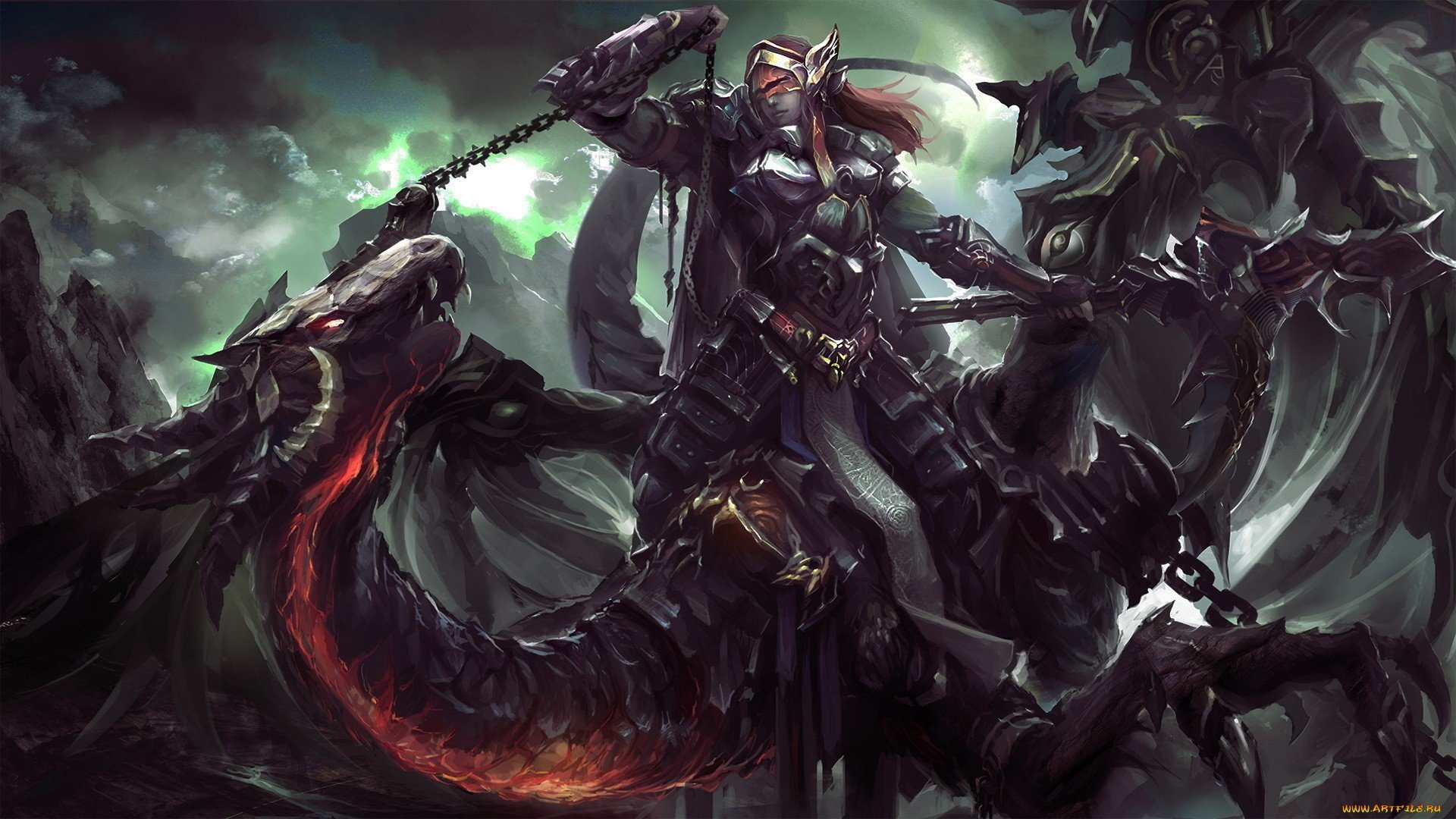A powerful fantasy warrior stands dominantly, wielding a chain as they command a fearsome dragon. The dramatic background enhances the epic atmosphere, making it a striking HD desktop wallpaper.