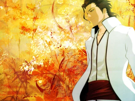 Sōsuke Aizen (Bleach) in a white coat, half‑body portrait against a fiery orange, floral abstract background — HD PC desktop wallpaper.
