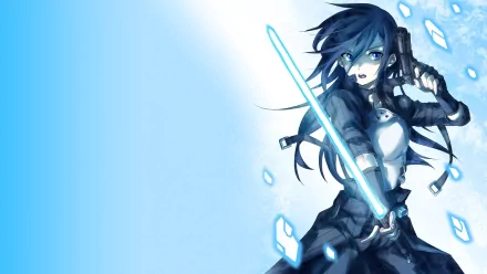 HD desktop wallpaper featuring Kirito from Sword Art Online II and Sword Art Online Alternative: Gun Gale Online, with Kirito holding a glowing blue sword against a gradient blue background.
