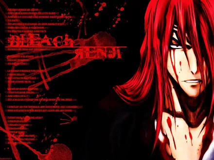 Renji Abarai (Bleach) HD PC wallpaper: close-up of his long red hair, blood-splattered face and intense gaze against a dark red–black background with Bleach text.