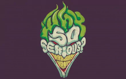 HD desktop wallpaper of the Joker with green hair forming the text Why So Serious? and a wide grin, set against a dark purple background.