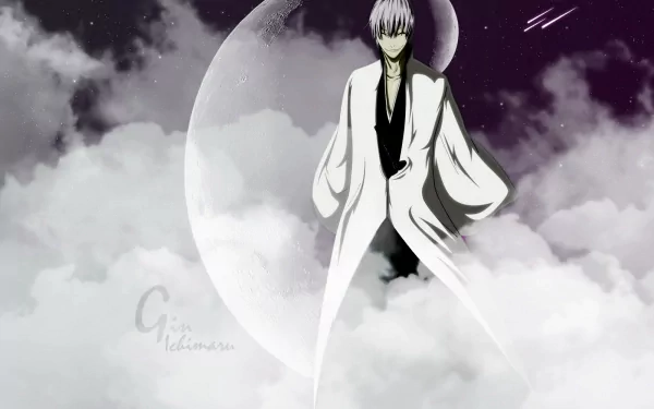 HD anime desktop wallpaper featuring Gin Ichimaru from Bleach, standing amidst clouds with a large moon in the background.