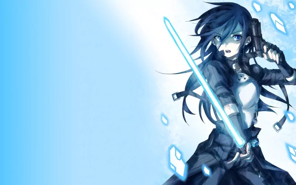 HD desktop wallpaper featuring Kirito from Sword Art Online II and Sword Art Online Alternative: Gun Gale Online, with Kirito holding a glowing blue sword against a gradient blue background.