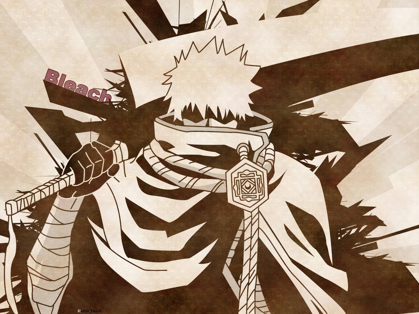 Sepia HD desktop wallpaper of Ichigo Kurosaki from Bleach, anime-style back view with sword slung over his shoulder and a billowing cloak against a textured background.