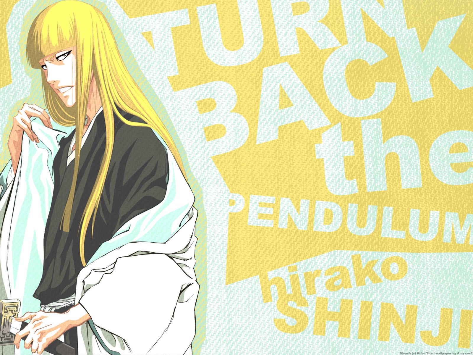 HD anime desktop wallpaper featuring Shinji Hirako from Bleach with a yellow background and bold white text elements.
