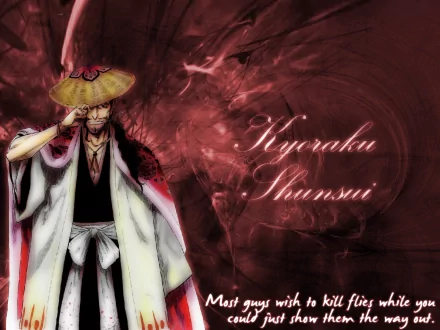 Shunsui Kyōraku (Bleach) in a straw hat and captain's haori against a crimson swirl — anime HD PC desktop wallpaper/background.