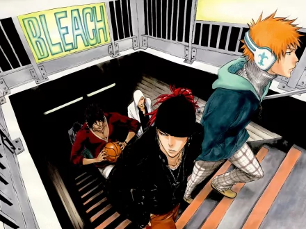 A vibrant HD wallpaper featuring characters Renji Abarai, Yasutora Sado, and Ichigo Kurosaki from the anime Bleach, showcasing an action-packed moment in a dynamic setting.