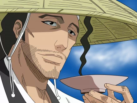 HD PC desktop wallpaper of Shunsui Kyoraku (Bleach anime): close-up of him in a straw hat sipping tea, relaxed smile against a bright blue sky background.