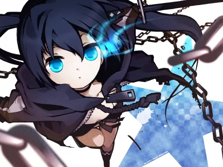 An intense depiction of Black Rock Shooter with striking blue eyes and chains, set against a dynamic background. This vibrant image serves as a 4K Ultra HD anime wallpaper.