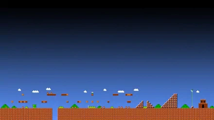 HD PC desktop wallpaper featuring a classic Mario video game scene with pixelated bricks, platforms, clouds, and flagpole against a gradient sky background.