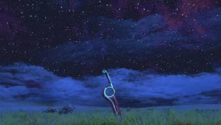 A serene HD desktop wallpaper featuring a sword against a starry night sky, inspired by the video game Xenoblade Chronicles, surrounded by grassy landscape.