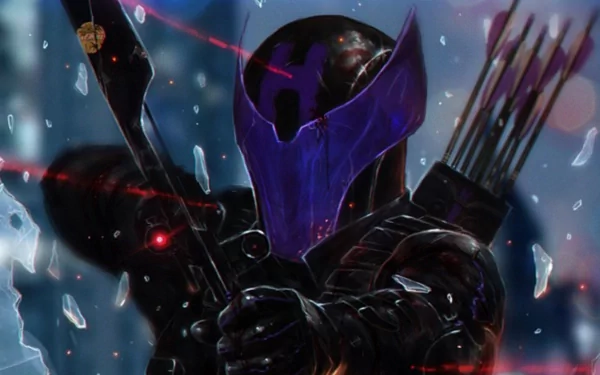 HD PC desktop wallpaper featuring a dark, intense comic-style Hawkeye aiming a bow with arrows on his back, surrounded by shards and glowing red highlights.