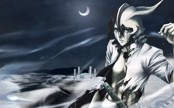 An HD desktop wallpaper featuring Ulquiorra Cifer from the anime Bleach, standing in a snowy landscape under a crescent moon, exuding an aura of mystery and strength.
