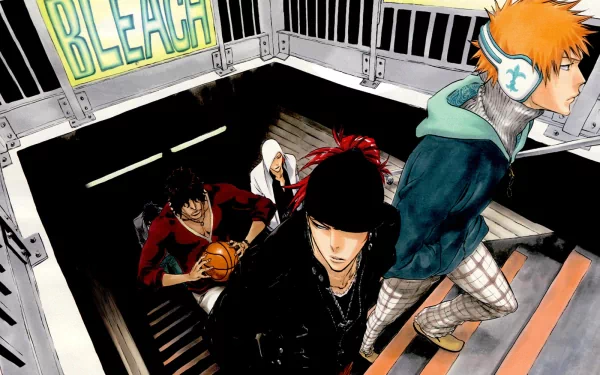 A vibrant HD wallpaper featuring characters Renji Abarai, Yasutora Sado, and Ichigo Kurosaki from the anime Bleach, showcasing an action-packed moment in a dynamic setting.