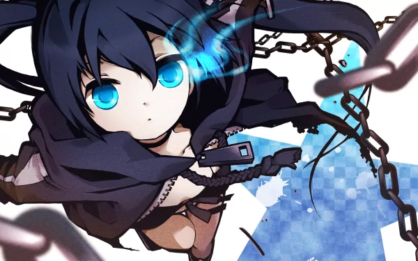 An intense depiction of Black Rock Shooter with striking blue eyes and chains, set against a dynamic background. This vibrant image serves as a 4K Ultra HD anime wallpaper.