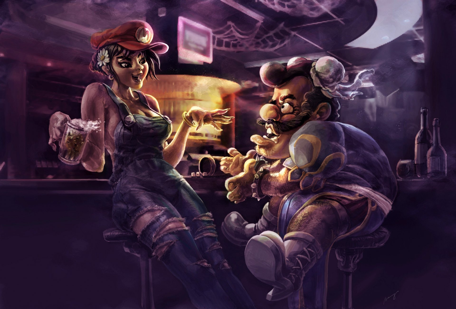 HD PC desktop wallpaper: stylized video game crossover in a smoky bar—sultry female plumber and gruff mustachioed plumber share drinks and banter.