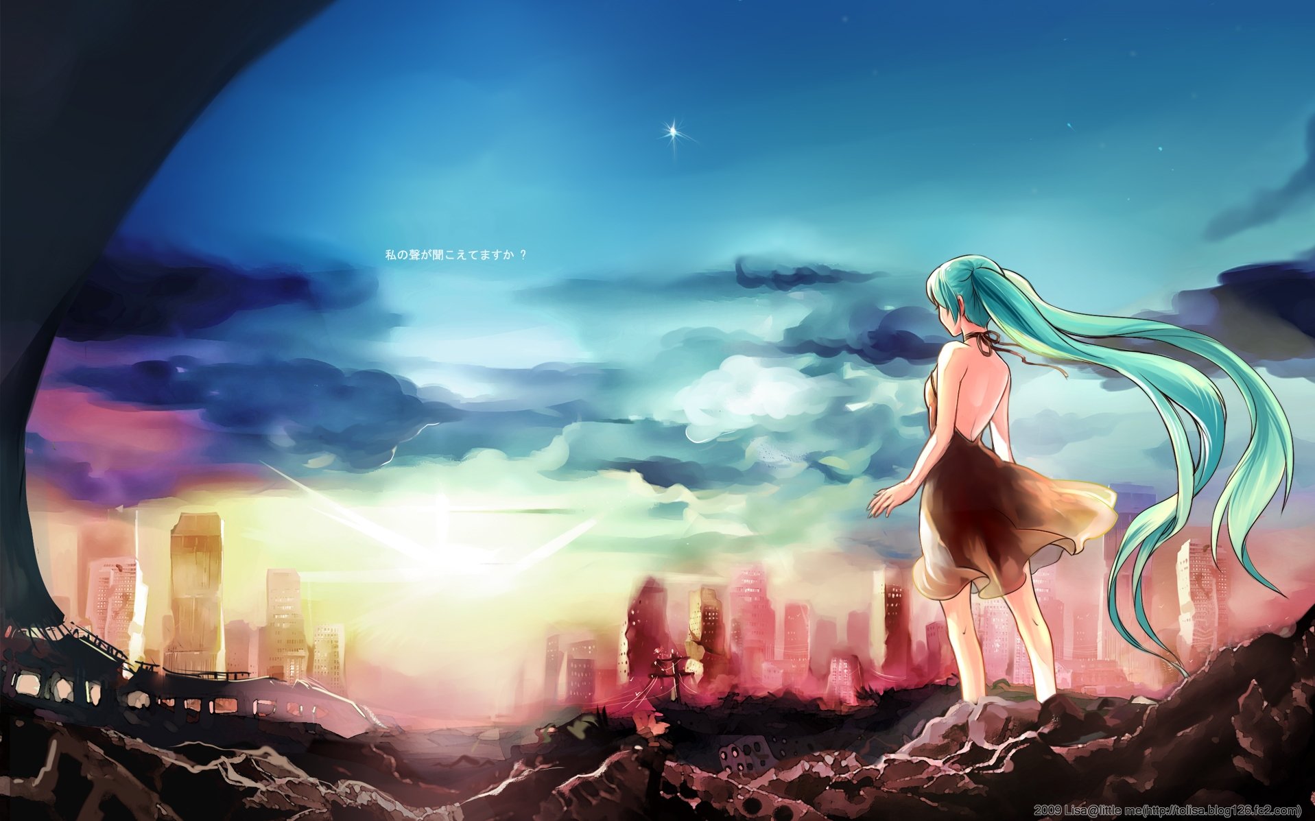 A striking HD anime wallpaper featuring a Vocaloid character with long teal hair, standing amidst a dramatic cityscape at sunset, blending vibrant colors and a sense of wonder.