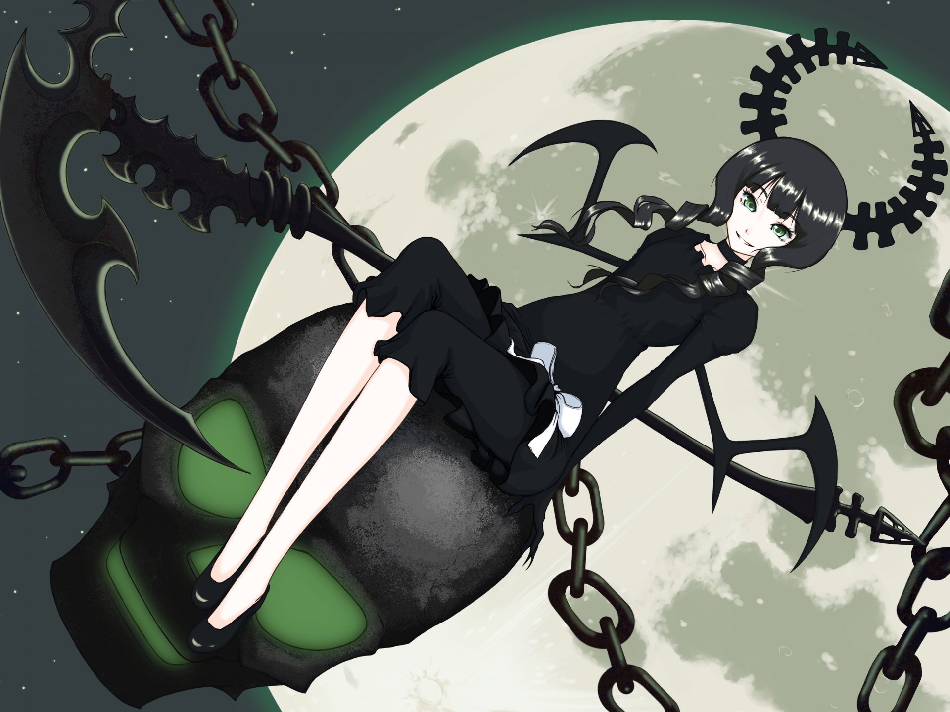 Dead Master from Black Rock Shooter anime sits on a large skull with chains and a full moon in the background, rendered in 4K Ultra HD for PC desktop wallpaper.
