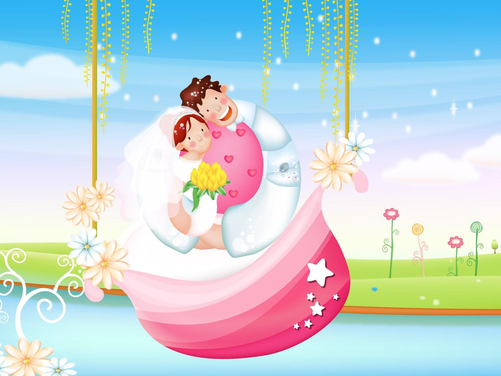 A whimsical illustration of a couple in love, surrounded by flowers and a vibrant landscape, captures the essence of romance. This artistic HD wallpaper brings joy and warmth to any desktop.