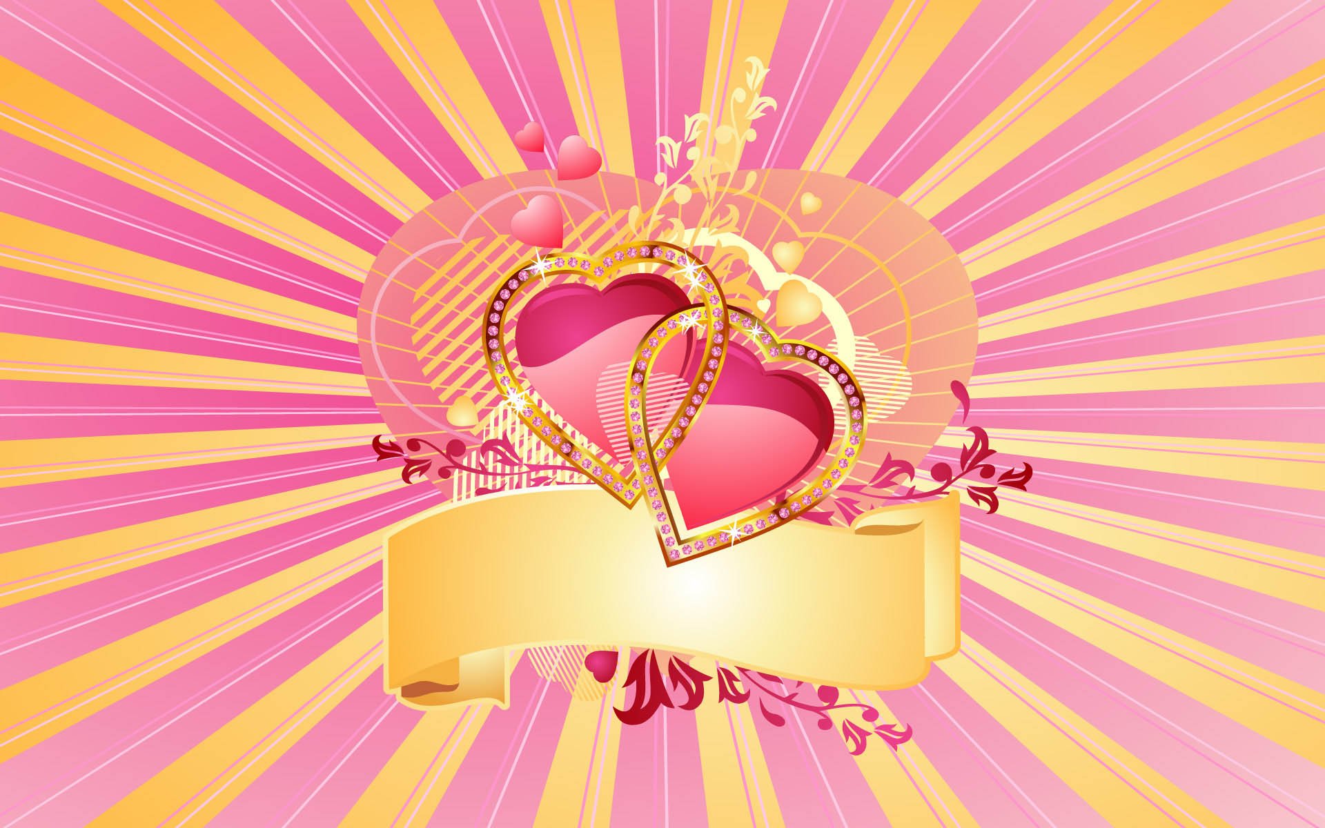 A vibrant HD desktop wallpaper featuring artistic pink and gold hearts against a sunburst background, celebrating love with decorative elements and a blank banner.