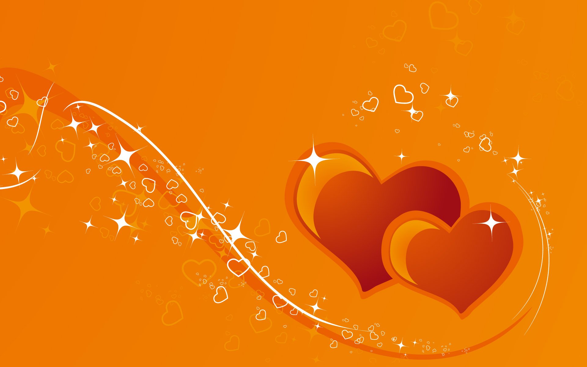 An artistic desktop wallpaper featuring two overlapping hearts against a vibrant orange background, accented with sparkling elements and playful swirls, evoking a sense of love.