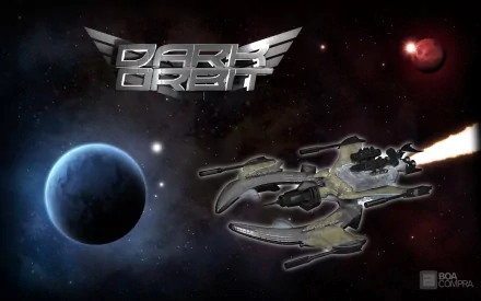 HD PC desktop wallpaper from the video game Dark Orbit, featuring a spaceship flying near a planet in deep space with the Dark Orbit logo above.