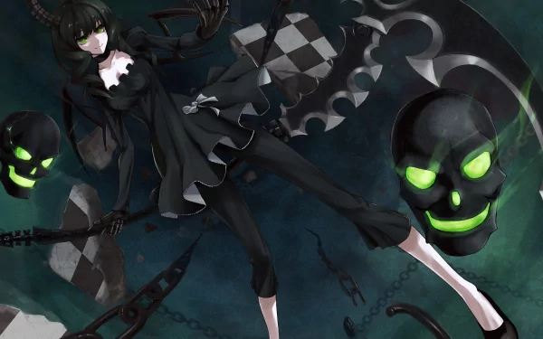 Dead Master (Black Rock Shooter) anime 4K Ultra HD PC desktop wallpaper background: Dead Master in black dress with scythe, chains and glowing green skulls over a stormy backdrop.