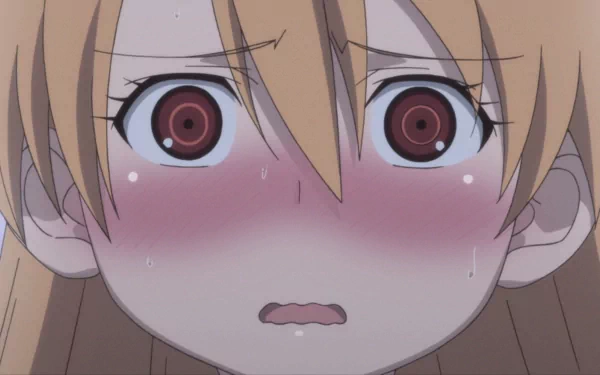 Close-up of a blushing anime character from KissXSis with wide red eyes, captured in an HD PC desktop wallpaper and background.