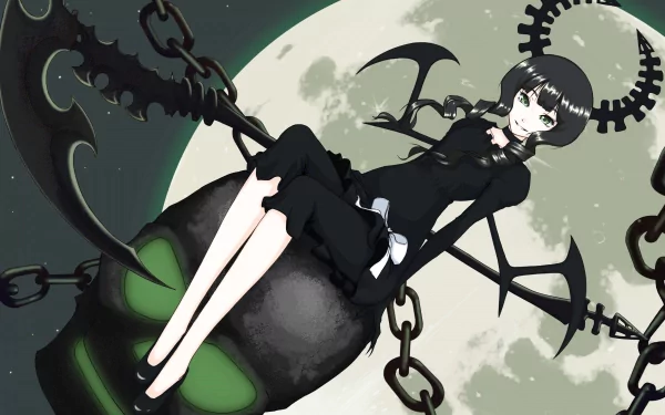 Dead Master from Black Rock Shooter anime sits on a large skull with chains and a full moon in the background, rendered in 4K Ultra HD for PC desktop wallpaper.