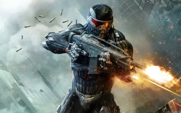 HD PC desktop wallpaper of a futuristic soldier firing a weapon amid flying debris from the video game Crysis 2.