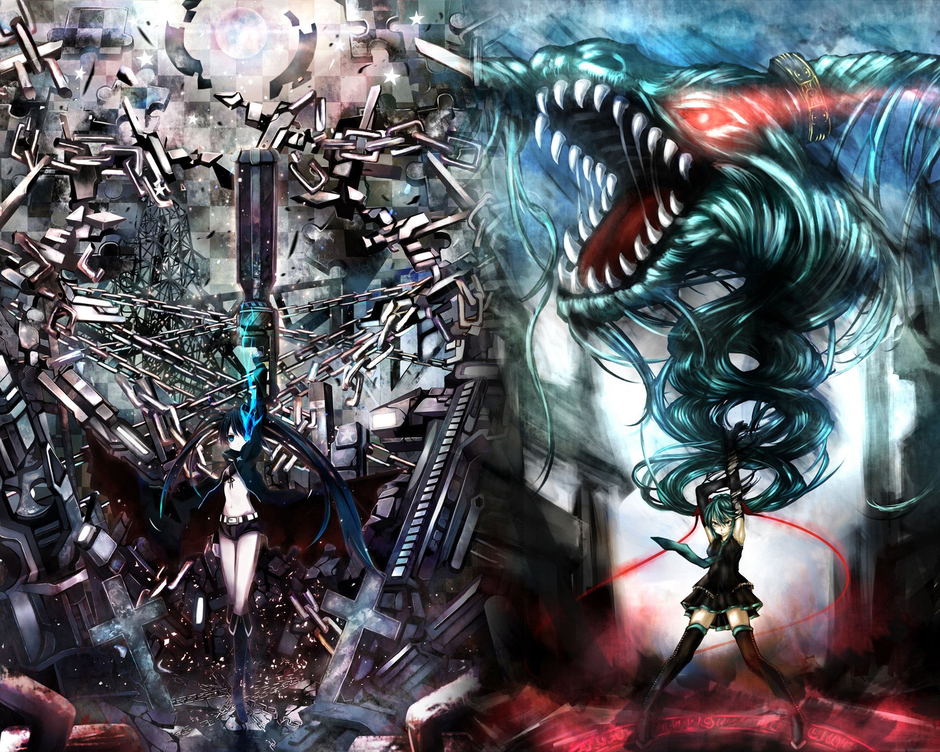 A dynamic HD wallpaper featuring Hatsune Miku and Black Rock Shooter, showcasing vibrant colors and intense imagery, blending elements of anime and striking sci-fi themes.