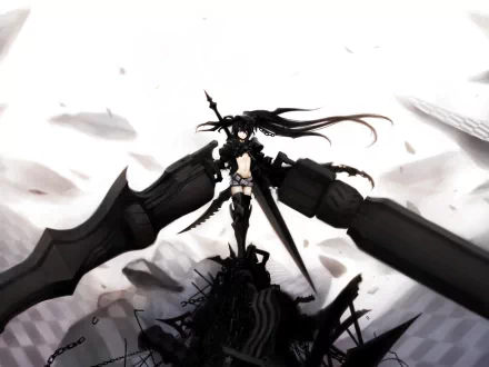 Insane Black Rock Shooter anime HD PC desktop wallpaper: a dark, armored figure stands on wreckage, wielding a massive cannon amid swirling debris and a high-contrast stormy sky.