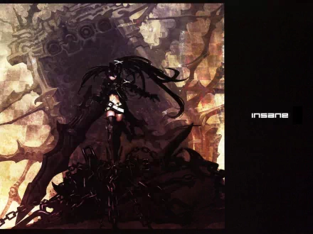 HD anime desktop wallpaper featuring Insane Black Rock Shooter in dynamic, dark-themed art with bold contrasts and the word insane displayed.