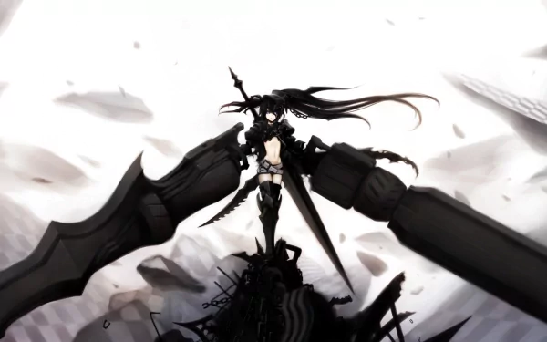 Insane Black Rock Shooter anime HD PC desktop wallpaper: a dark, armored figure stands on wreckage, wielding a massive cannon amid swirling debris and a high-contrast stormy sky.