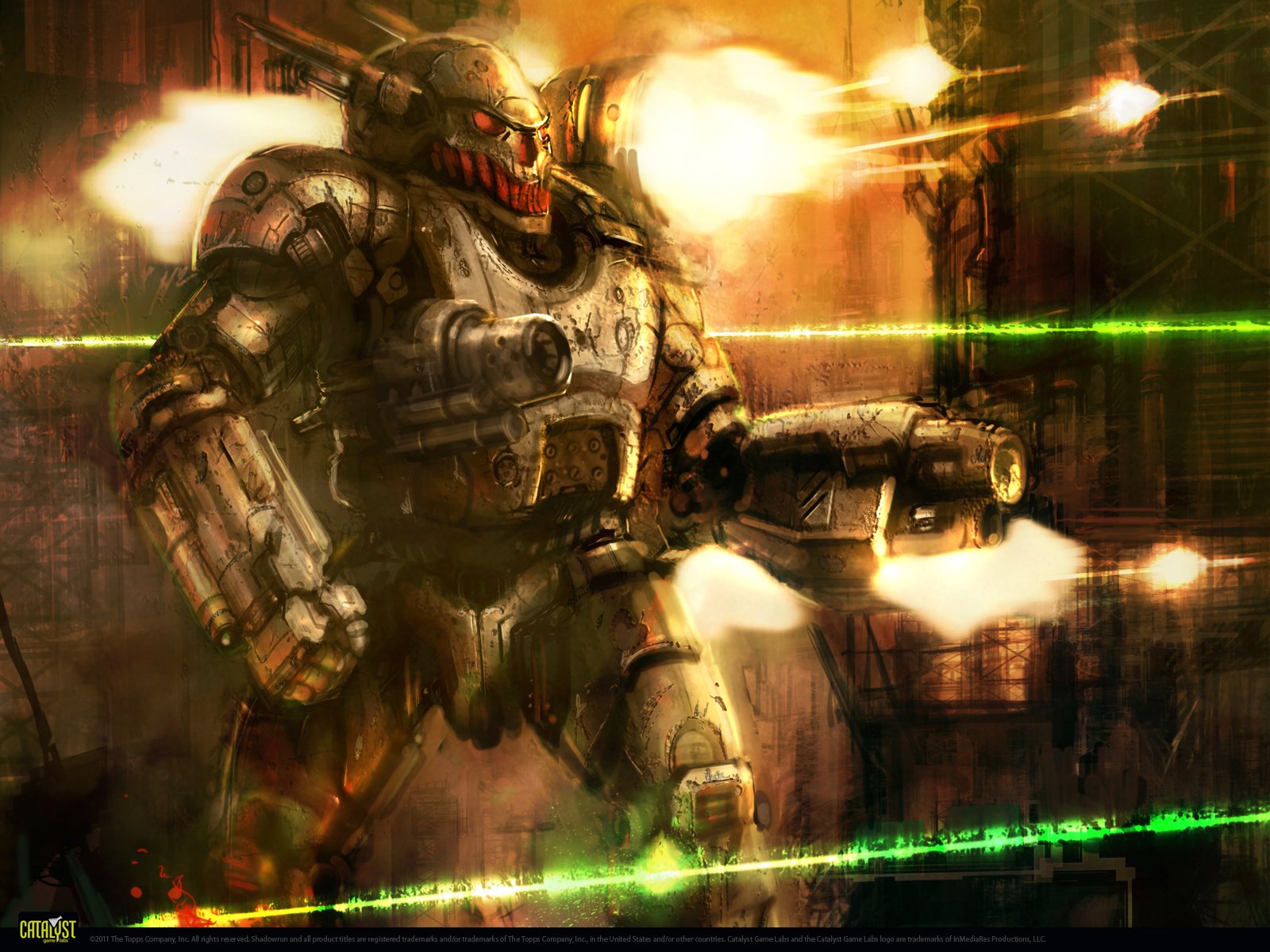 HD PC desktop wallpaper of a man-made BattleMech from BattleTech: The Board Game firing heavy weapons amid explosions, smoke and green laser streaks.