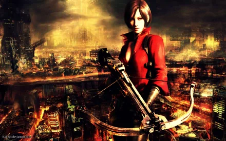 HD PC desktop wallpaper featuring Ada Wong from the video game Resident Evil 6, set against a dark, fiery cityscape background.