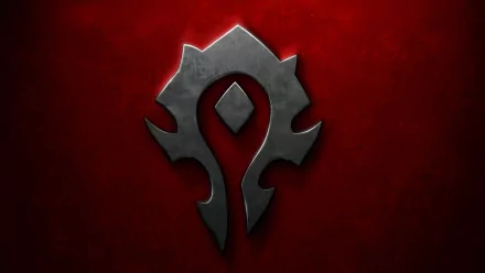 An HD desktop wallpaper featuring the Horde symbol from the video game World of Warcraft, set against a deep red background.