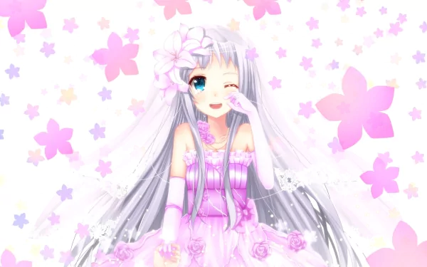 Meiko Honma from Anohana smiles and winks in a pink floral dress with long silver hair, surrounded by soft pink cherry blossom petals in this HD anime desktop wallpaper.