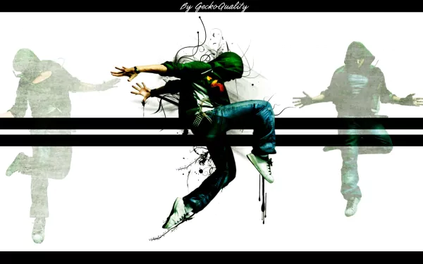 HD desktop wallpaper featuring a dynamic dance scene with three figures, each in mid-air poses, set against a white background. Tags: music, dance.