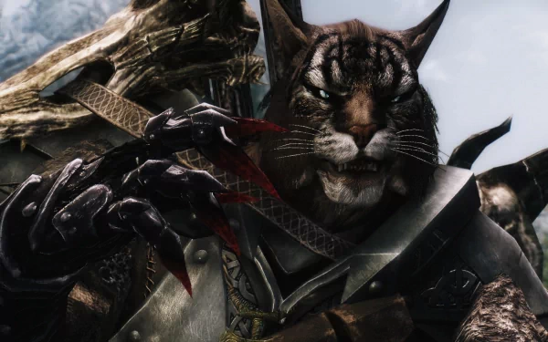 HD PC desktop wallpaper featuring a Khajiit warrior from the video game The Elder Scrolls V: Skyrim, showcasing detailed armor and a fierce expression.