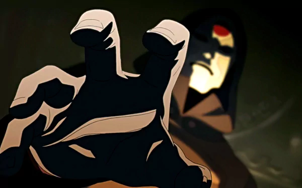 HD desktop wallpaper featuring Noatak as Amon from Avatar: The Legend of Korra, wearing a mask and hood in a dark anime-style close-up.