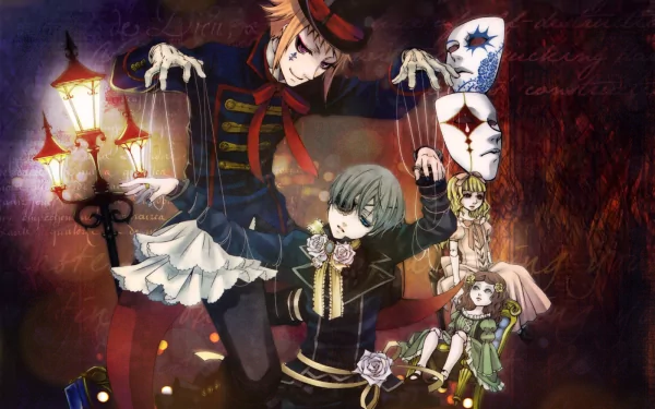 Anime-inspired HD wallpaper featuring characters from Black Butler, showcasing a dramatic scene with puppetry and intricate costumes against a dark, atmospheric backdrop.