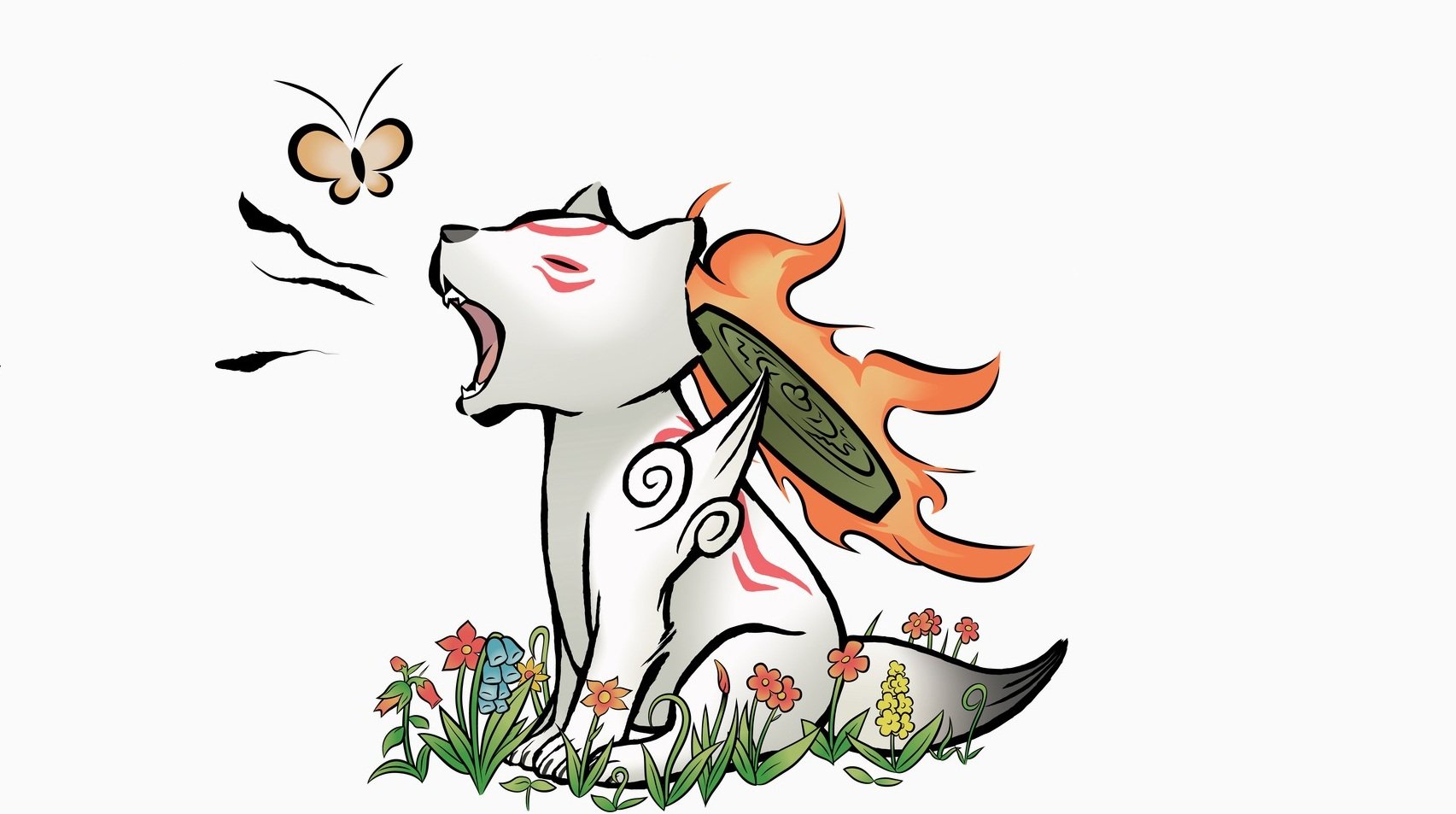 HD PC desktop wallpaper featuring Amaterasu, the wolf from the video game Ōkami, surrounded by flowers and a butterfly on a white background.