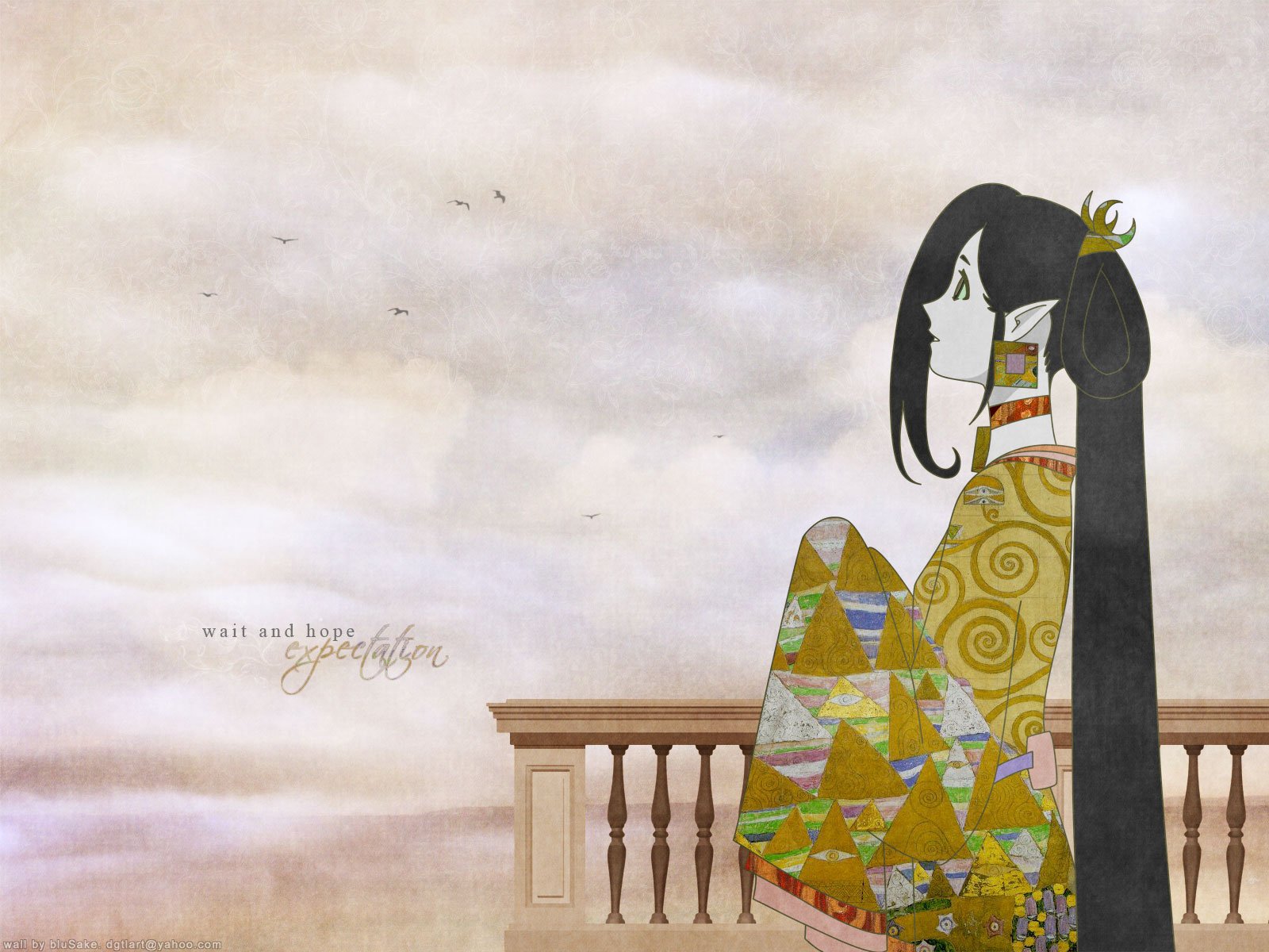 Gankutsuou anime HD PC desktop wallpaper: an elegant long-haired woman in a patterned gold kimono stands on a balcony beneath a soft, cloudy sky.