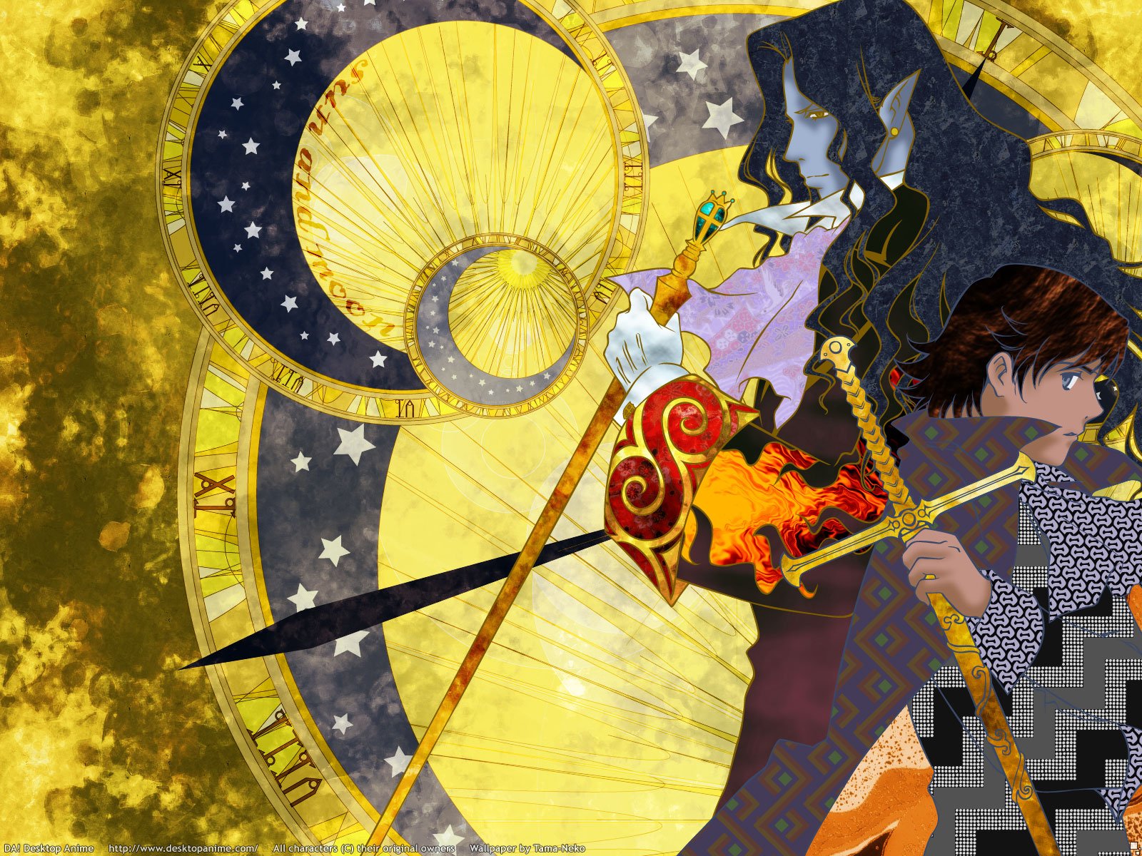 HD anime desktop wallpaper from Gankutsuou featuring detailed celestial clockwork and two characters in dynamic poses with vibrant gold and dark blue tones.